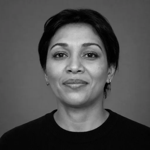 a woman in her 40s of Black descent with short dark hair in the Black & White style