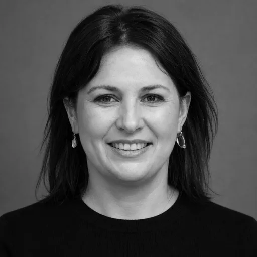 a woman in her 40s with shoulder-length dark brown hair in the Black & White style