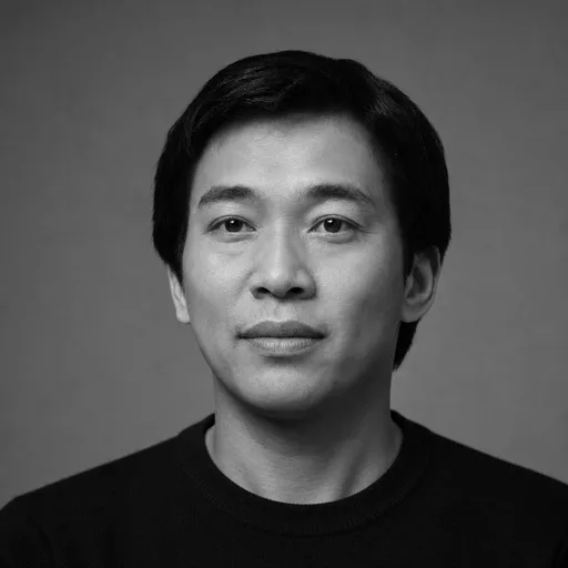 a man in his 30s of East Asian descent with short black hair in the Black & White style, generated from that photo