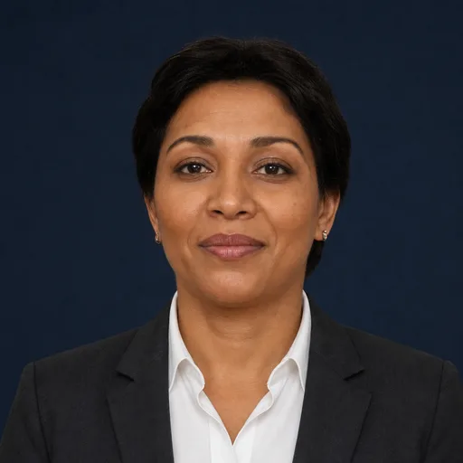 a woman in her 40s of Black descent with short dark hair in the Boardroom Navy style, generated from that photo