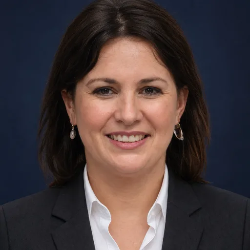 a woman in her 40s with shoulder-length dark brown hair in the Boardroom Navy style