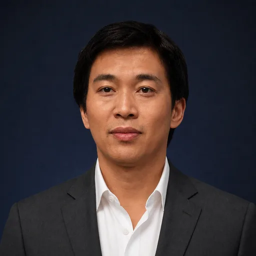 a man in his 30s of East Asian descent with short black hair in the Boardroom Navy style, generated from that photo