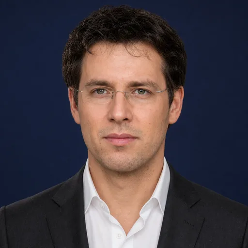 a man in his 30s with dark curly hair and glasses in the Boardroom Navy style