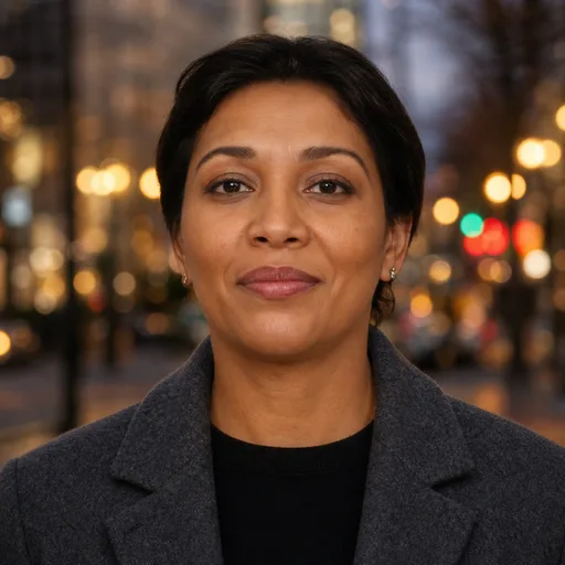 a woman in her 40s of Black descent with short dark hair in the City at Dusk style