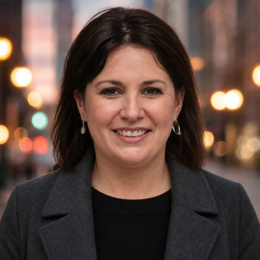 a woman in her 40s with shoulder-length dark brown hair in the City at Dusk style