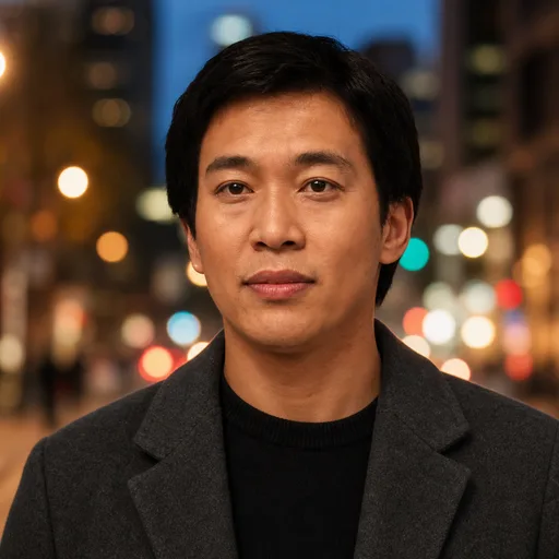 a man in his 30s of East Asian descent with short black hair in the City at Dusk style, generated from that photo