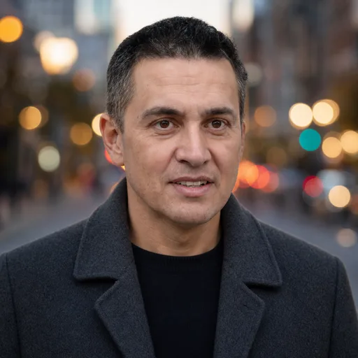 a man in his 50s with short greying hair in the City at Dusk style