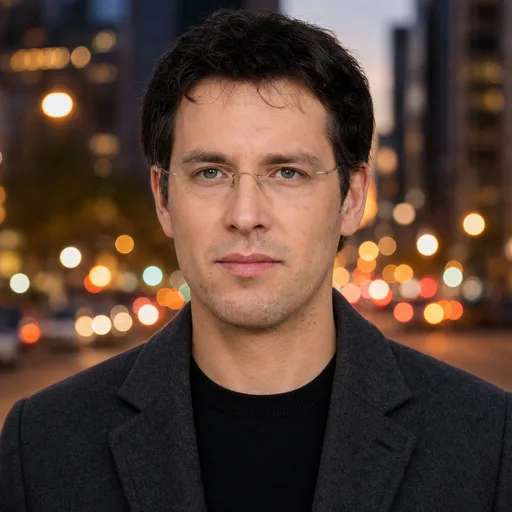 a man in his 30s with dark curly hair and glasses in the City at Dusk style