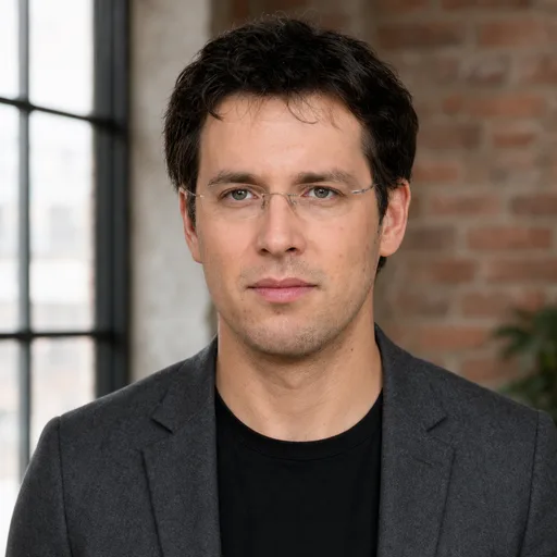 a man in his 30s with dark curly hair and glasses in the Loft Window style