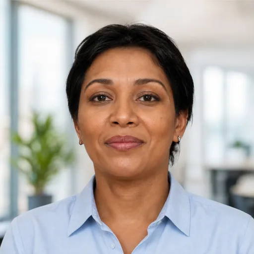 a woman in her 40s of Black descent with short dark hair in the Office, Blurred style, generated from that photo