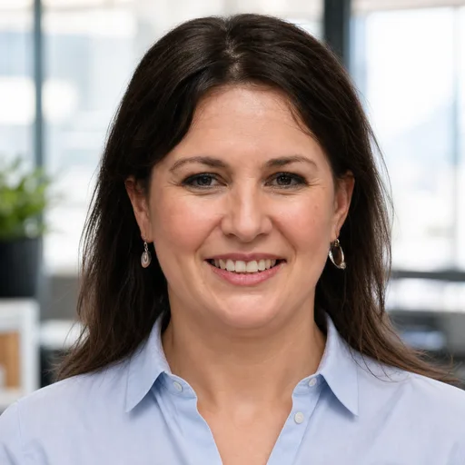 a woman in her 40s with shoulder-length dark brown hair in the Office, Blurred style