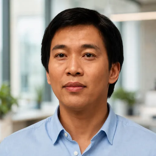 a man in his 30s of East Asian descent with short black hair in the Office, Blurred style, generated from that photo
