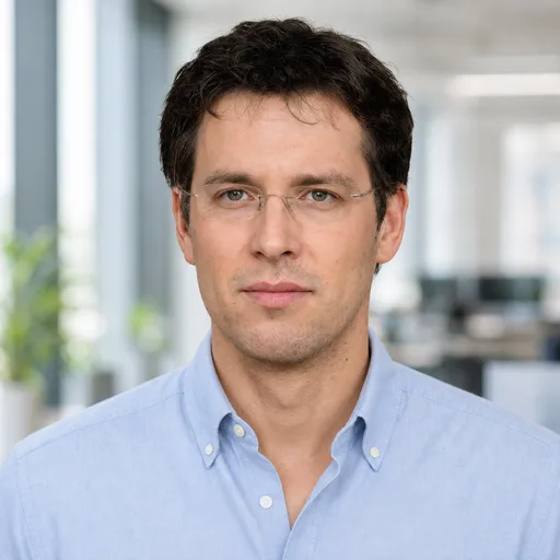 a man in his 30s with dark curly hair and glasses in the Office, Blurred style