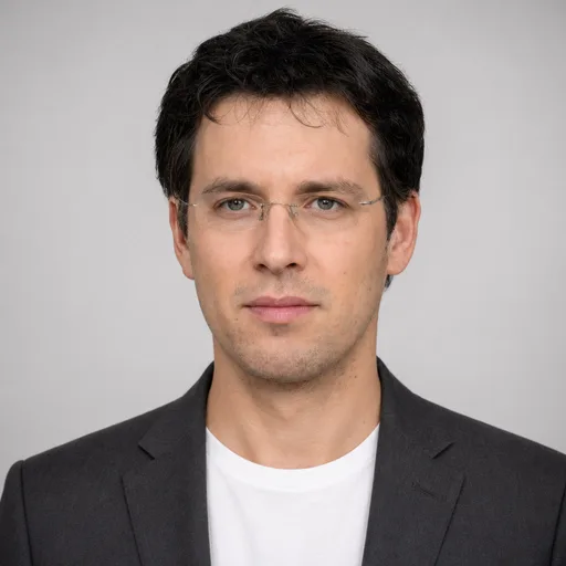 a man in his 30s with dark curly hair and glasses in the The Classic style, generated from that photo